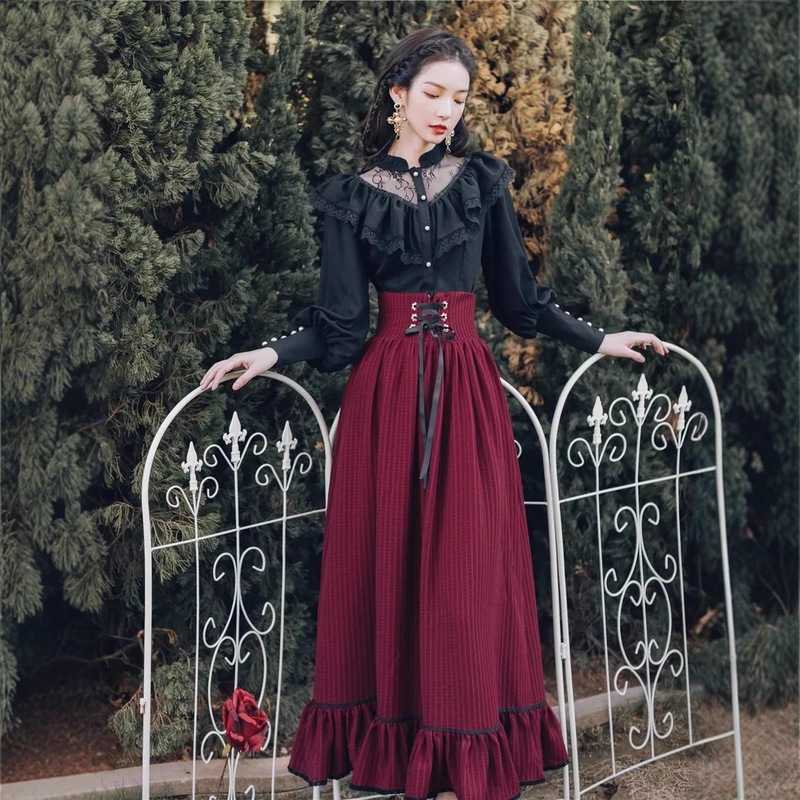 2026 Spring and Autumn New Women's Clothing Retro Palace Style Black Shirt and Long Skirt Two-Piece Set Annual Party Dress