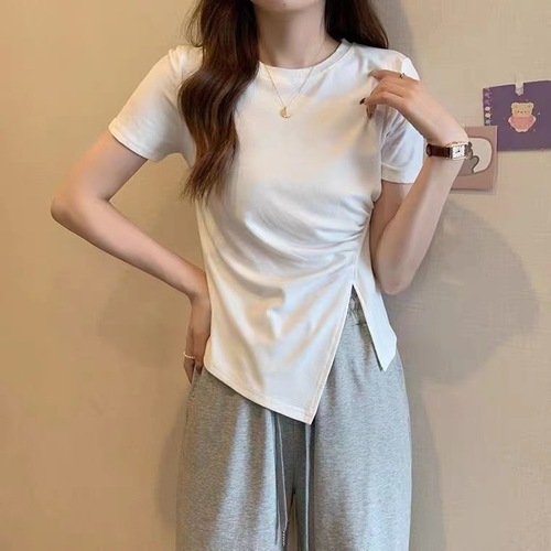 Unstructured Women's T-Shirt 2025 Summer Korean Version Slimming High-Waisted Side Slit French Splicing T-shirt Top