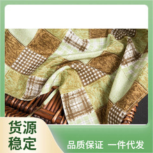 Y5UG（一个不发货）森系复古绿棕方格印花桑蚕丝真丝绑带枕巾