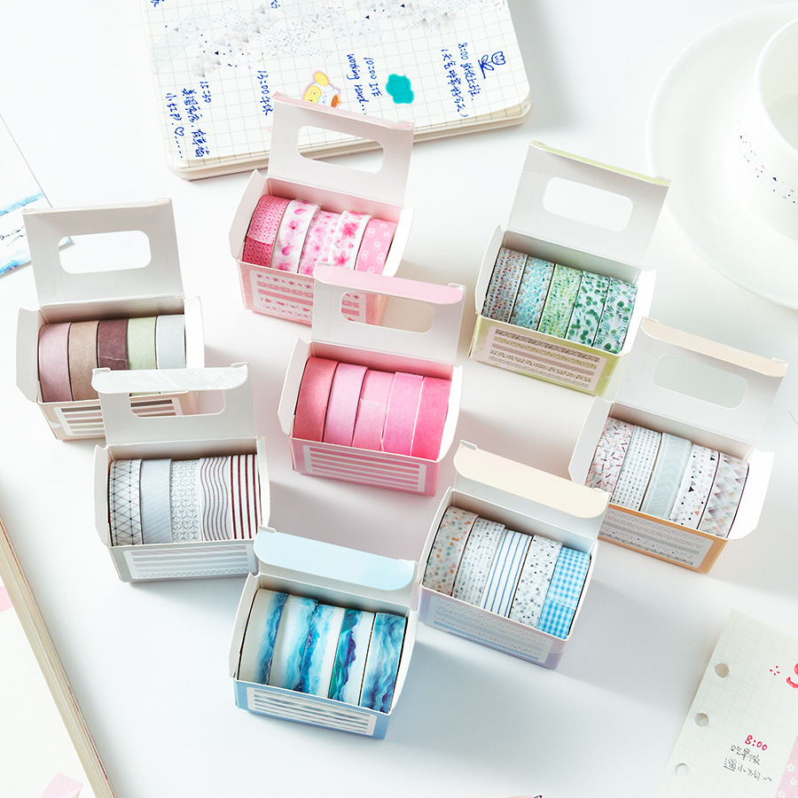 Caja de cinta de papel Feihe de tinta azul 5 enrollado 1cm de ancho bricolaje etiqueta decorativa rollo de cinta rasgada a mano con sal