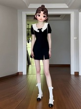 法式气质赫本风黑色娃娃领连衣裙子夏季女装2024年新款超火公主裙