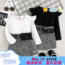 长袖小童宝薪女中格子短裙上秋冬外贸童装韩版两色坑条新儿童套装