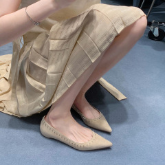羊皮版仙女风铆钉尖头真皮单鞋女玛丽珍鞋平底通勤瓢鞋温柔晚晚鞋