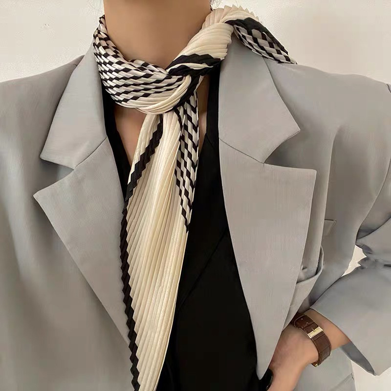 Spring and Autumn New Style Simple Pleated Small Square Scarf Chic Style Cross-Border Black and White Stripesd Crumpled Imitation Silk Scarf Headband for Women