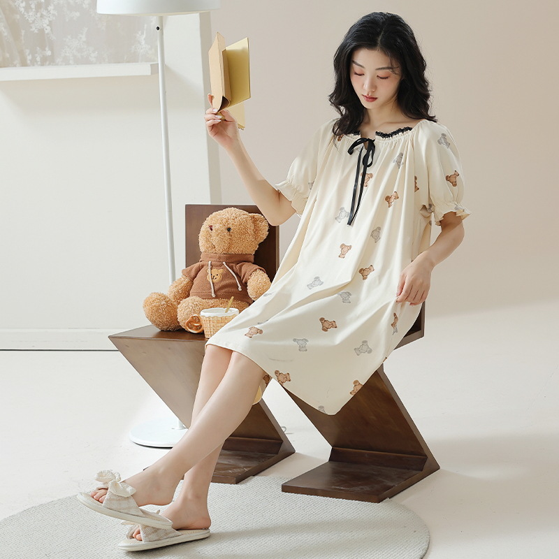 [Personalizado] 7A camisón de algodón antibacteriano verano femenino dulce y lindo estilo princesa delgado de manga corta pijama de maternidad floral