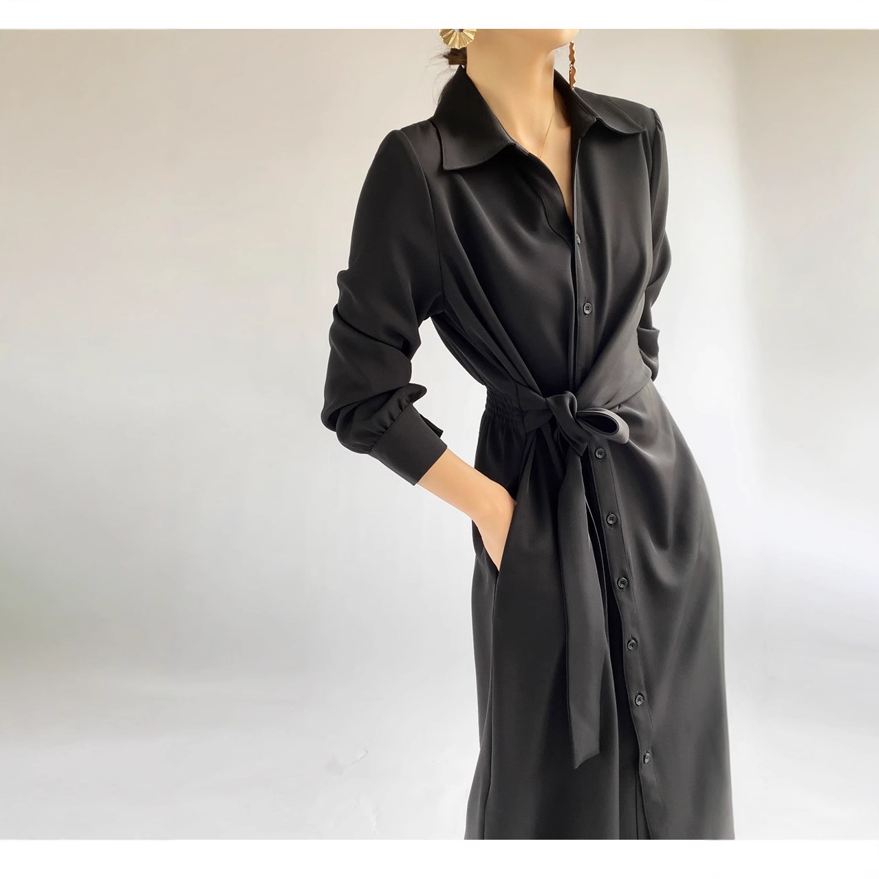 Qadın üçün uzunqol plus size uzun don, yaxalı və kəmərli