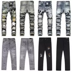 Cross-Border Wholesale Purple American High Street Ripped Patch Trendyy Retro Straight Amiri Jeans Brand