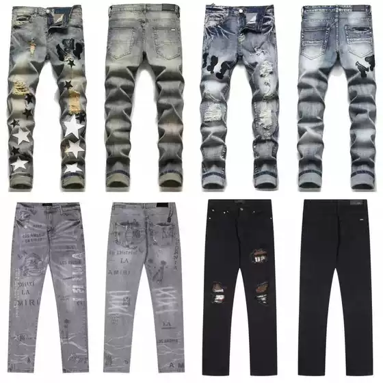 Cross-Border Wholesale Purple American High Street Ripped Patch Trendyy Retro Straight Amiri Jeans Brand