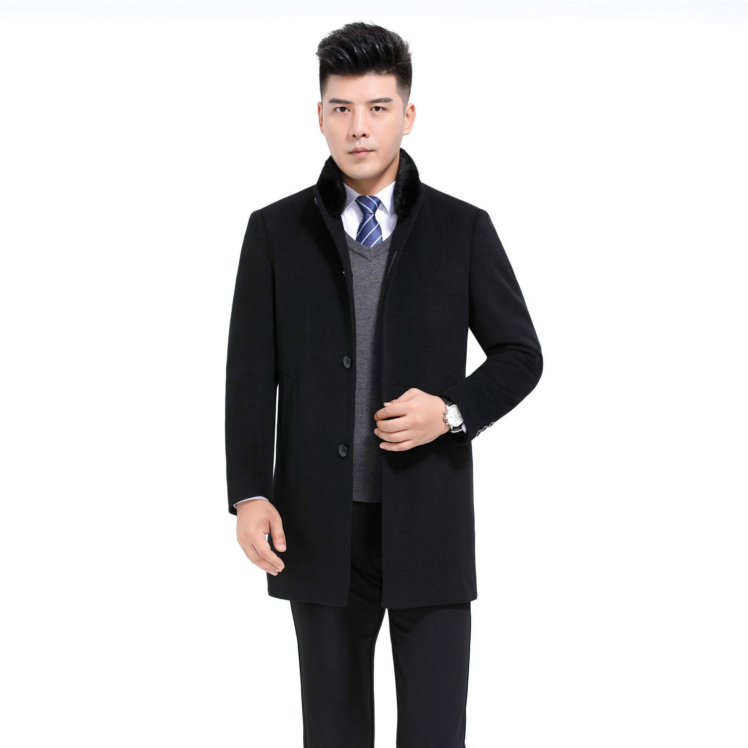 Double-faced wool coat for middle-aged men, mink collar, winter business casual warm thick wool button coat