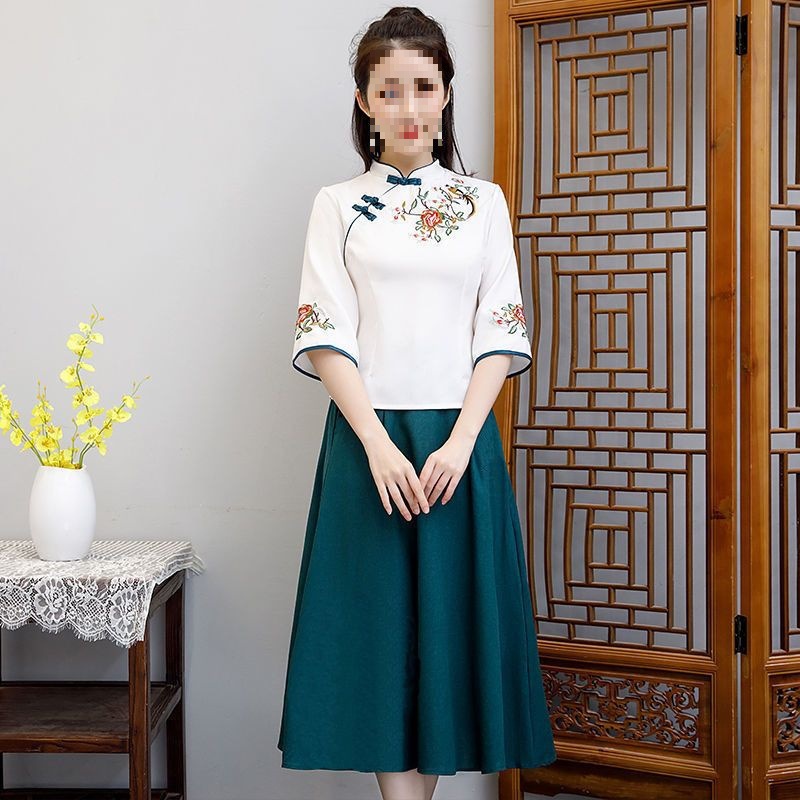 汉服女中国风女装新款夏季旗袍两件套少女唐装修身绣花古装服