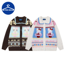 TIDEEKU秋冬新款卡通可爱翻领毛衣女韩系慵懒风针织开衫女士外套