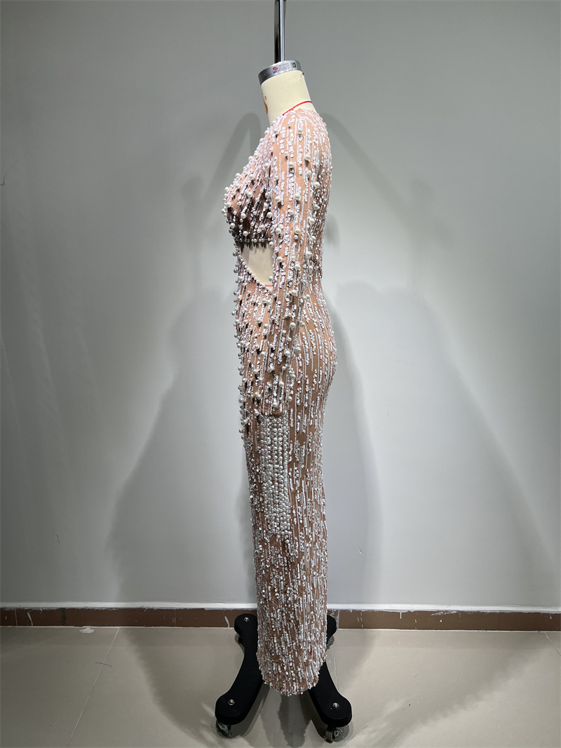Abito da sera donna con paillettes e perline scollo a v elegante_voghion.com