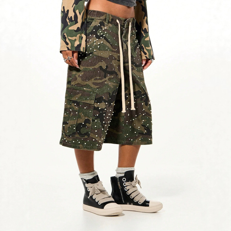 European and American cross-border popular camouflage rhinestone workwear cropped pants for women, drawstring multi-pocket hip-hop street style wide-leg pants