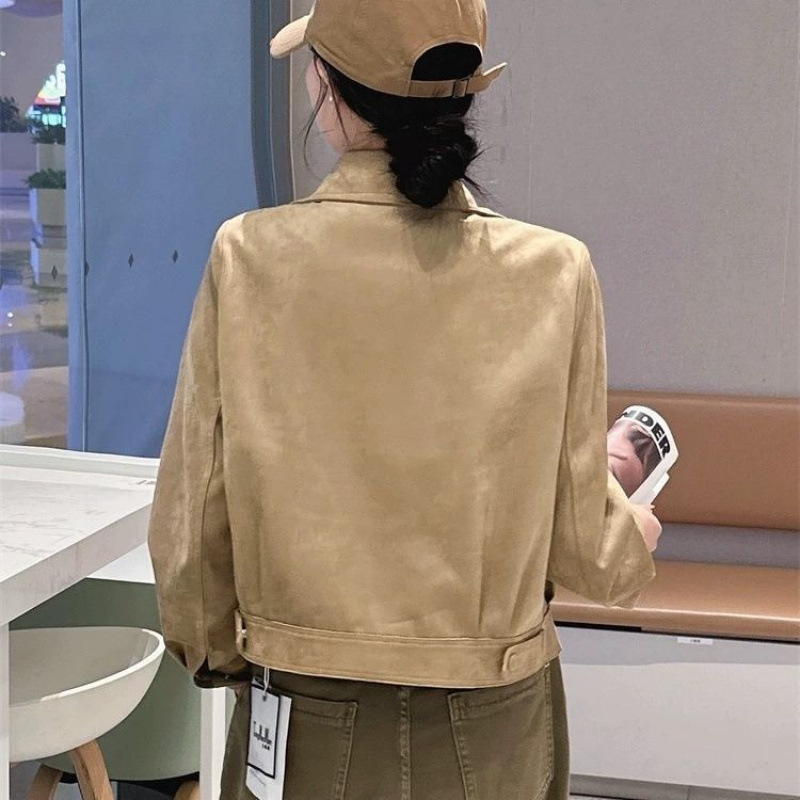 鹿皮绒外套女秋季新款感机车服小个子短款复古夹克上衣女|undefined