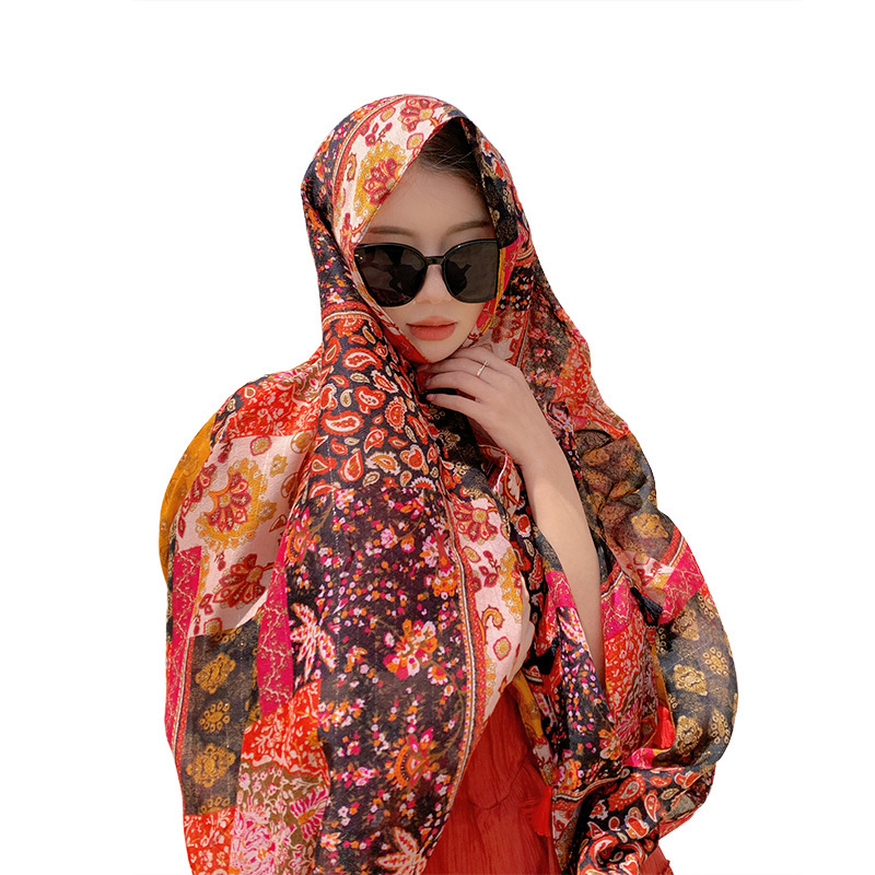 2023 nuevo ligero de algodón y lino sensación bufanda estilo étnico anacardo costura totem impresión viajes fotografía chal para las mujeres