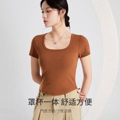 2025女時尚百搭春夏新款帶胸墊短袖t恤罩杯一體修身舒適休閒上衣