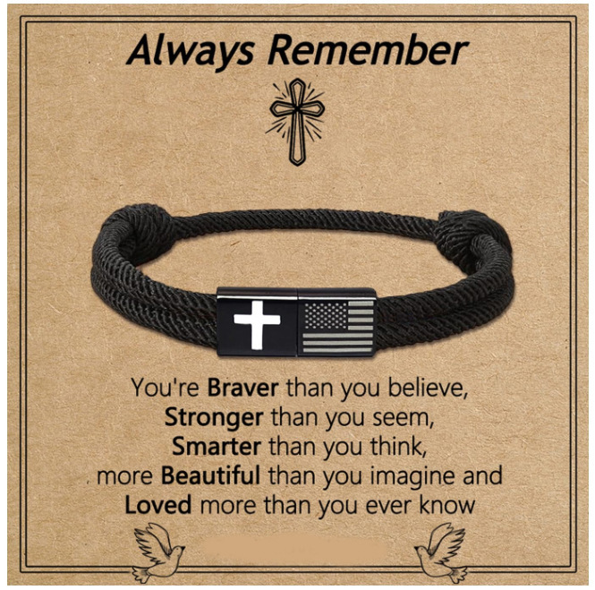 Men's Flag Bracelet with Alloy Cross, Handmade Adjustable Bracelet with Milan Rope and Cross Flag Design