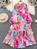 Advanced flashlight, fitted brace, elegant dress, long skirt, high-quality style, long sleeve, V-neckline, A-line, flowered