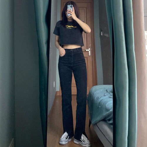 Women's Black Denim Straight-Leg Pants with a Chic Hong Kong Vibe, Loose High-Waisted, Slimming, Flowy, Floor-Length, Trendy
