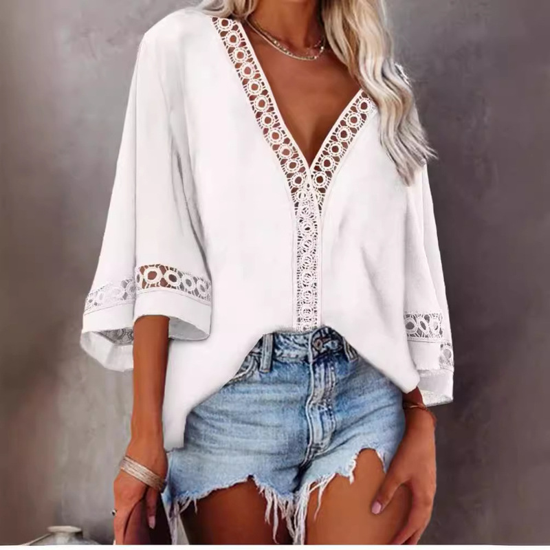 Spot European and American Tops Export Women's Clothing Aliexpress Amazon New Shirt V Neck Cut Out Lace Shirt