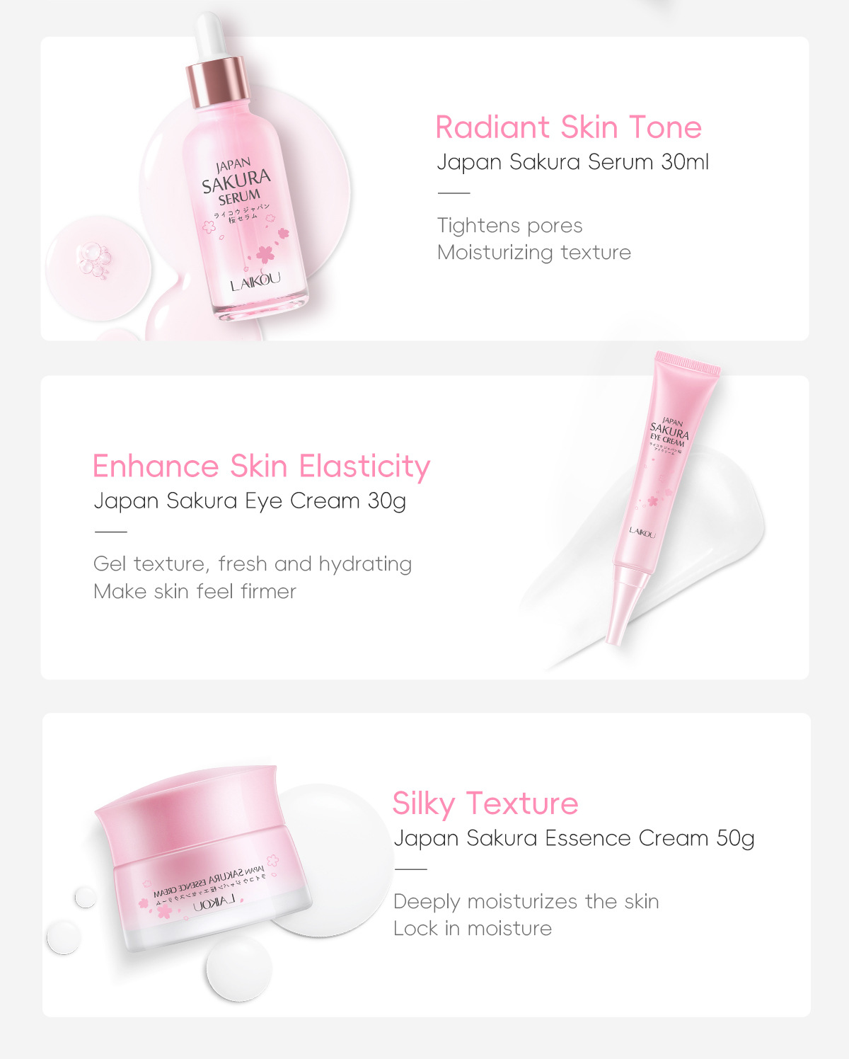 Cross-border LAIKOU Sakura Skincare Gift Box Moisturizing and Hydrating 5-piece Set with glass panel Part in stock undefined