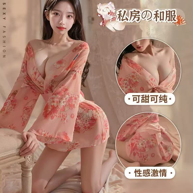 Sexy Lingerie, Cute Japanese-Style Printed Kimono-Style Sexy Pajamas, Ancient Style Han Dynasty Bathrobe Set, Pure Lust Temptation