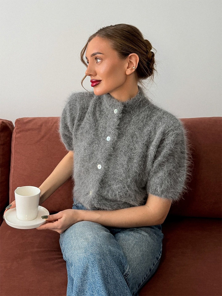 Áo cardigan dệt kim tay ngắn cổ bán cao ôm dáng phong cách retro — Màu hồng, Màu hồng cánh sen, Màu trắng, Màu tím