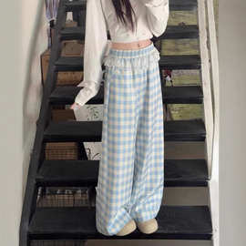 蕾丝花边拼接蓝色格子宽松直筒裤女夏季2025新款高腰大码阔腿裤