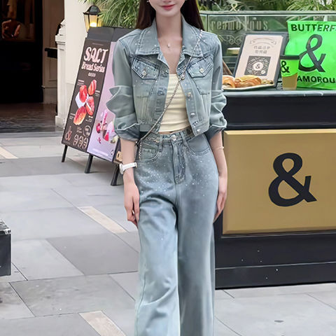 Spring and Autumn Fashion Retro Style Diamond-Encrusted Short Denim Jacket High-Waisted Denim Wide-Leg Pants Two-Piece Set for Women