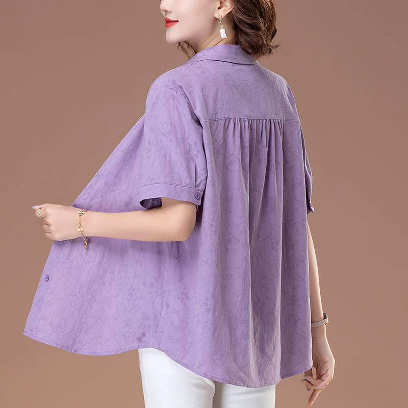 Mom's Cotton Women's Shirt Short-sleeved Summer New Middle-aged and Elderly Women's plus size Top Mid-length Cotton and Linen Shirt