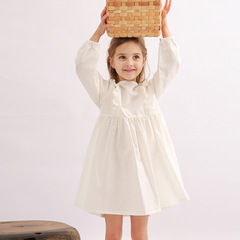 亞麻棉木耳花邊長袖連衣裙女童2024新款法式可愛純色公主裙女寶寶