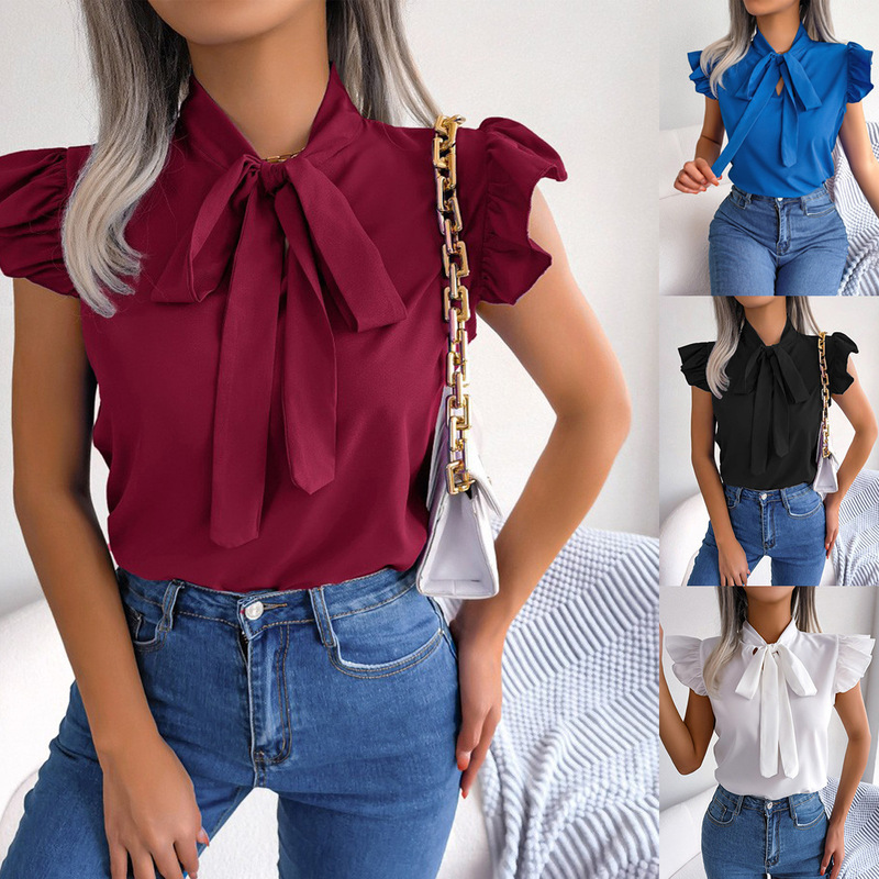 European and American AliExpress Amazon Explosions Women's Summer Cross-border Ribbon Lace Flying Sleeve Short Sleeve Shirt Pullover Shirt