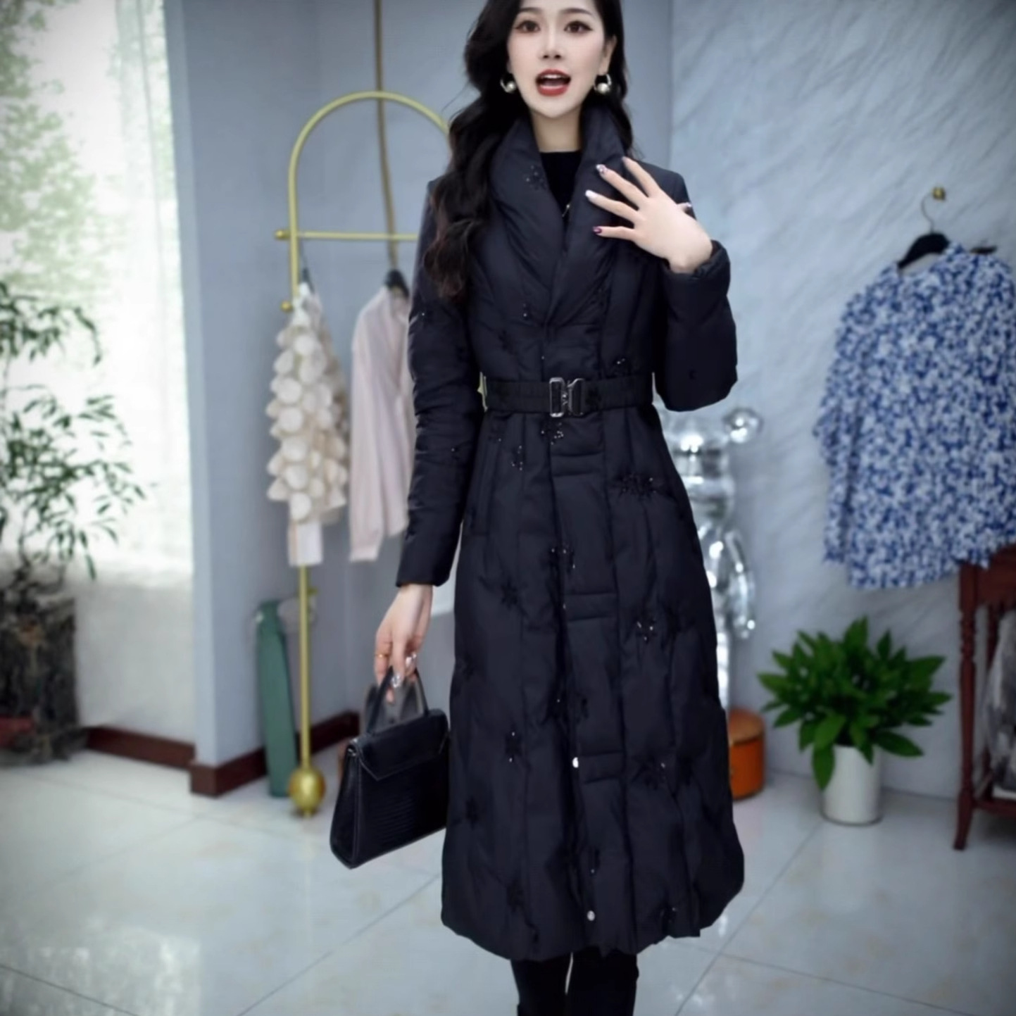 时尚休闲长款保暖棉衣2025年冬新款绣花气质修身显瘦棉服外套