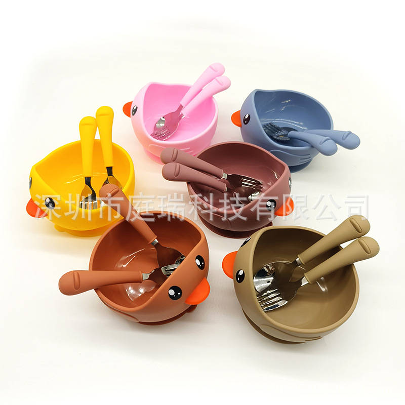 Cuenco de silicona pato suplemento alimenticio Tazón traje 316 tenedor cuchara lindo pollo lechón tazón de bebé resistente a la caída Tazón de cuchara traje