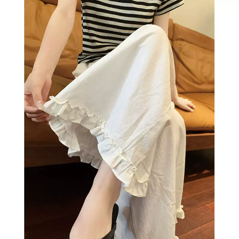 白色韩系木耳花边麻料阔腿裤女2025新款夏季高腰直筒休闲微喇叭裤