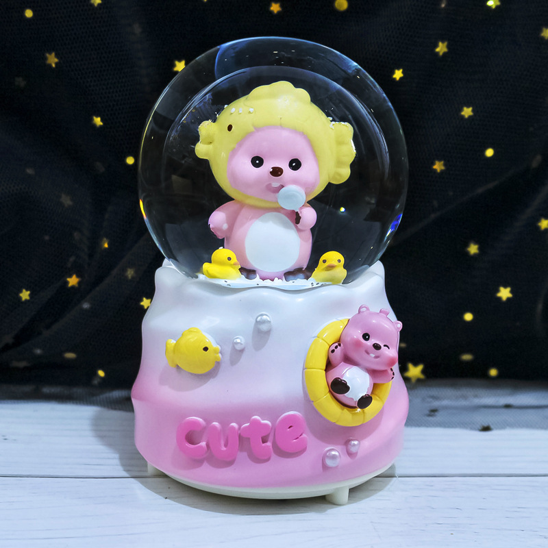Nueva bola de cristal de mapache rosa pequeña, nieve, caja de música luminosa, luz nocturna, caja de música de regalo, artesanía de una pieza
