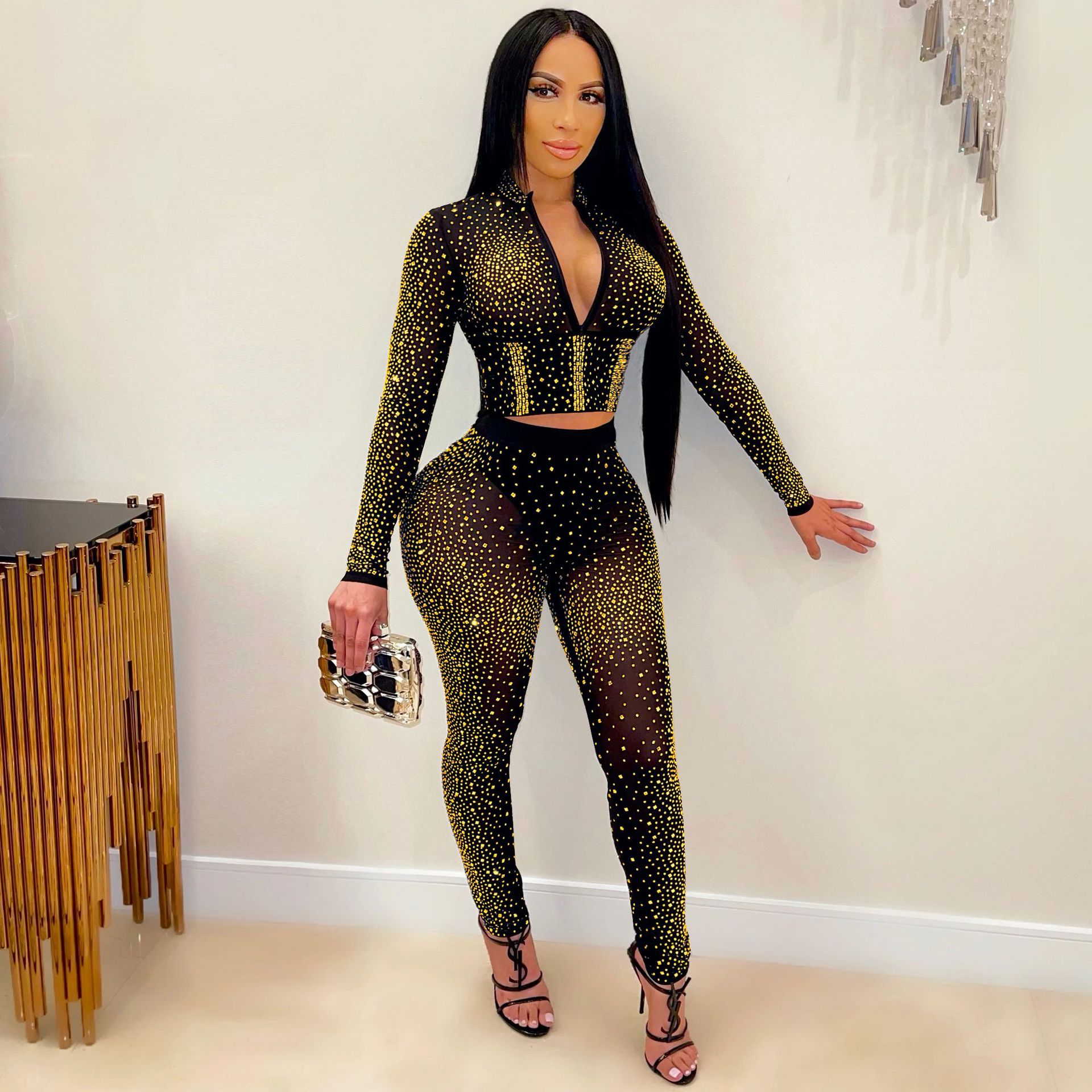Nightclub Rhinestone V-neck Long-Sleeved Trousers Women Two Piece Suit