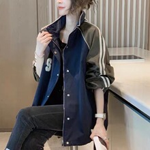 撞色拼接条纹棒球服外套女秋中长款气质感夹克宽松休闲上衣