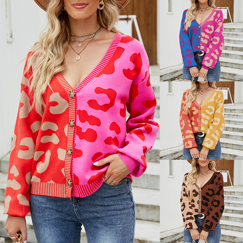 국경 유럽과 미국 의류 2023 가을 겨울 신상 아마존 대외 무역 대비 컬러 표범 무늬 브이넥 싱글 가디건 스웨터