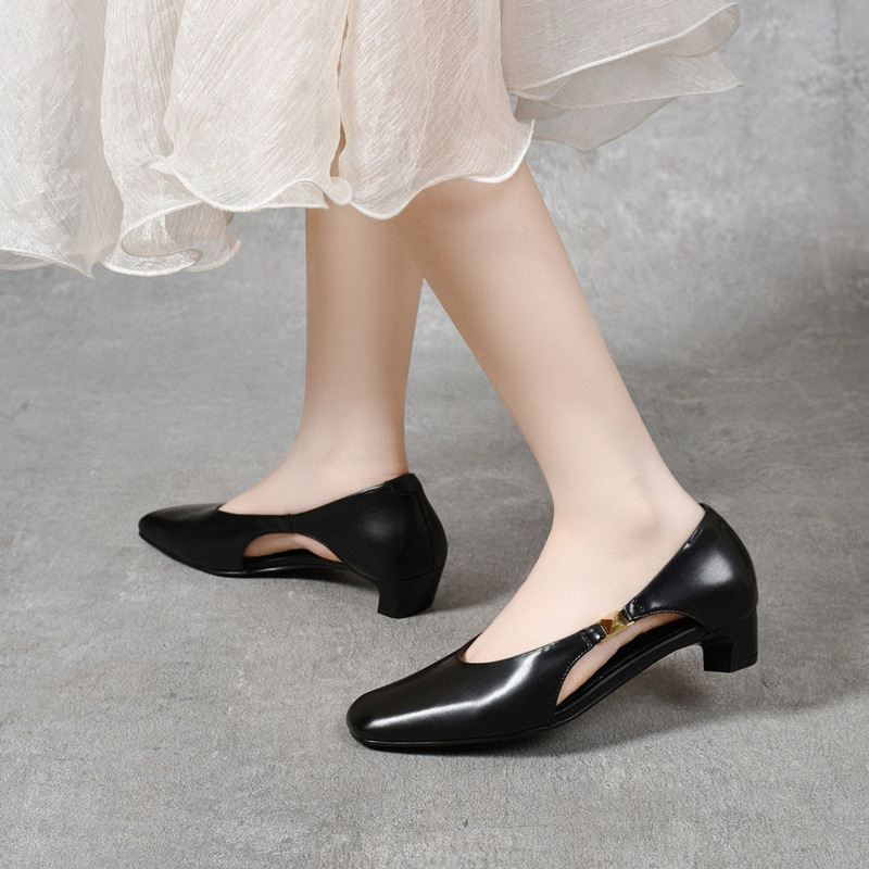 Square toe sandals women's 2025 summer niche personality designer hollow low heel women's shoes inside and outside full leather high heels