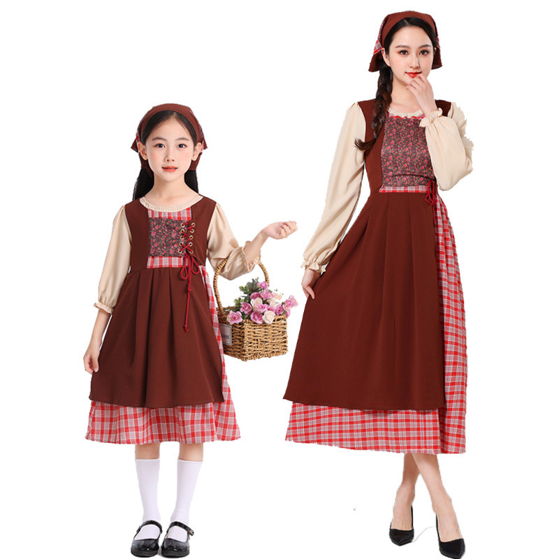 Halloween COS Little Match Girl Pastoral Plaid dress Vintage Linen Fake Two-Piece Parent-Child Costume Halloween COS Little Match Girl Pastoral Plaid dress Vintage Linen Fake Two-Piece Parent-Child Costume