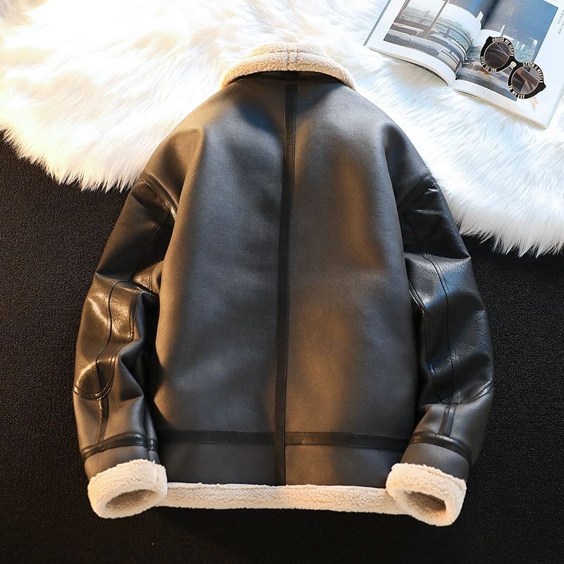 Abrigo de piel de los hombres de invierno forrado de lana engrosada ropa de motocicleta marca de moda chaqueta de terciopelo Chaqueta de algodón acolchado abrigo de cuero de cordero