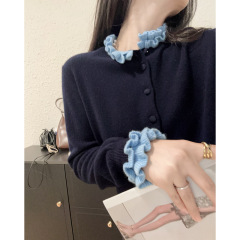 法式灰色木耳边假两件长袖针织开衫女早秋外搭高JI感短款上衣外套