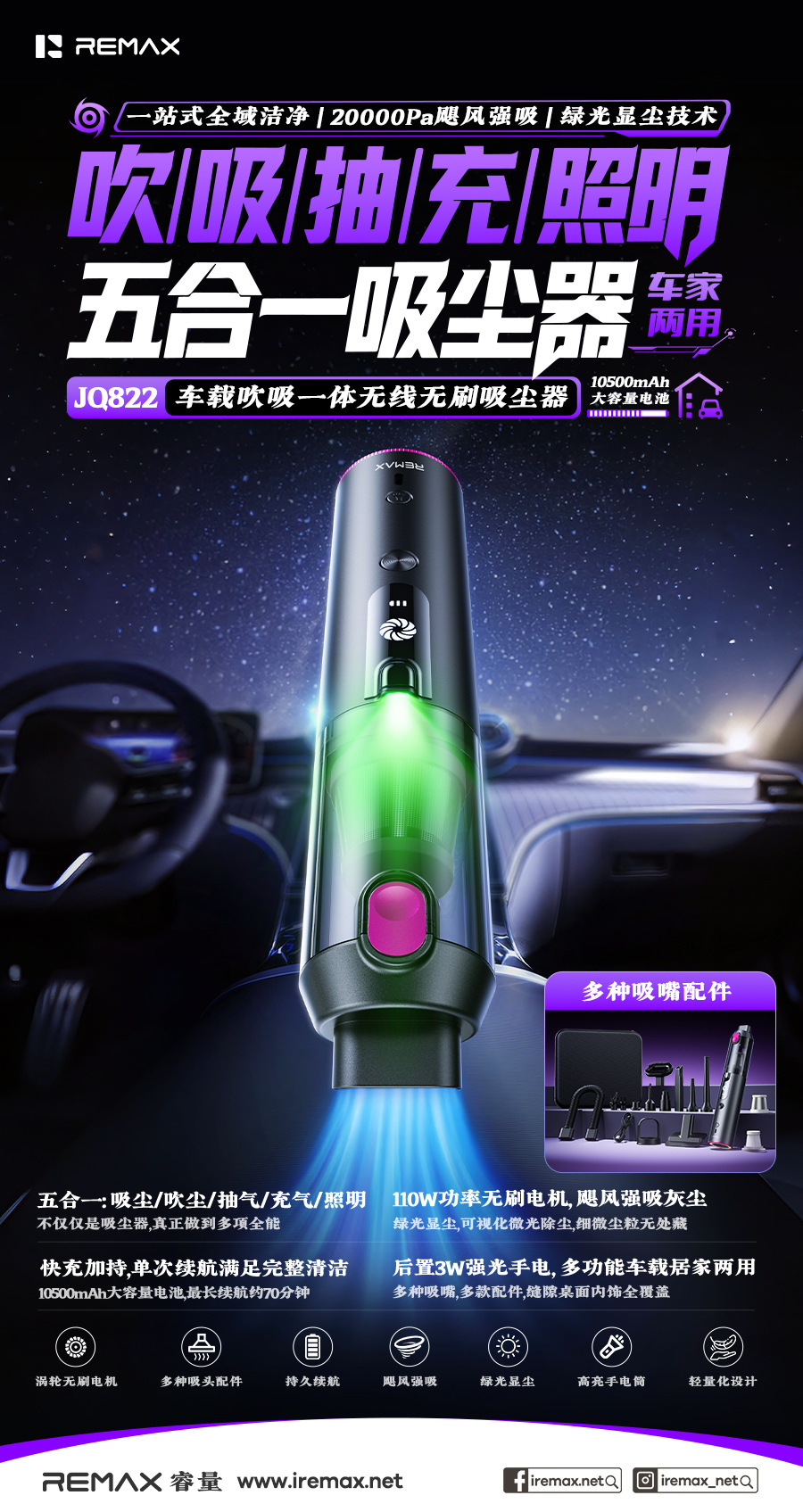 REMAX Rui Liang car-mounted, cordless, brushless vacuum cleaner with integrated blowing and suction functions, featuring a built-in light and long battery life for convenient portability