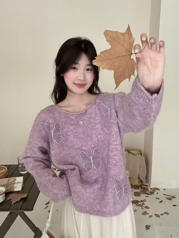设计感立体蝴蝶套头毛衣女2025秋冬新款温柔气质显瘦百搭针织衫潮|undefined