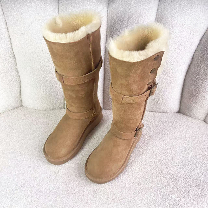 新款高帮女士雪地靴羊皮毛一体女靴秋冬保暖防滑厚底骑士靴皮带扣|undefined