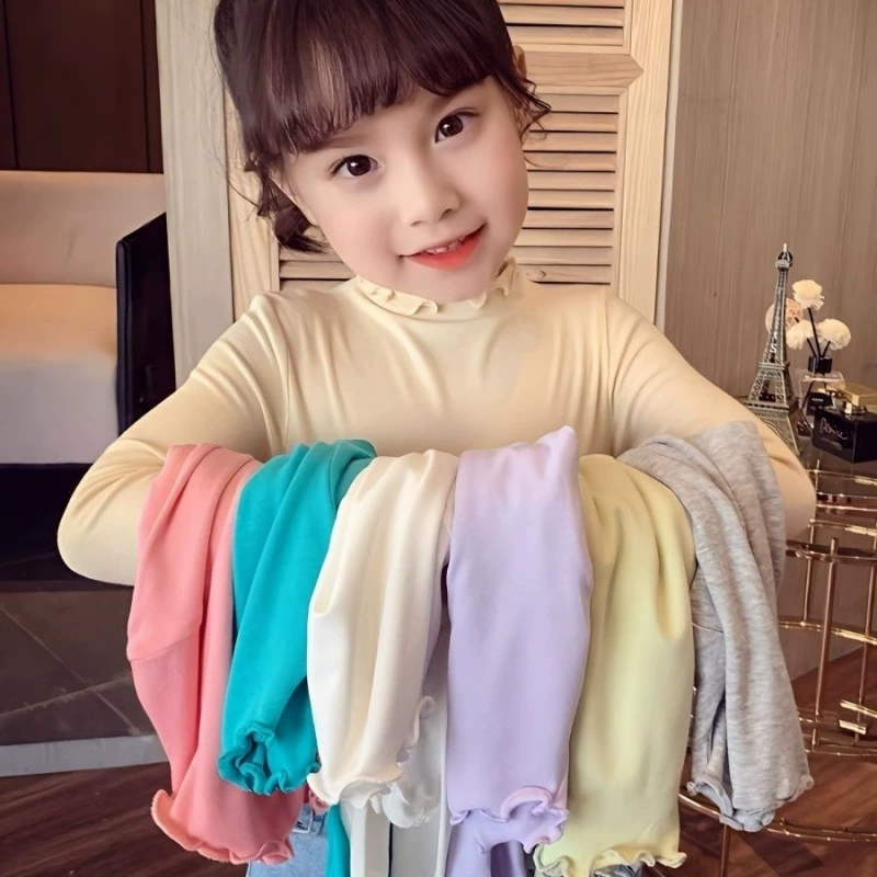 Базовая рубашка для девочек, детская внутренняя одежда, стильная кружевная однотонная футболка с длинными рукавами, универсальная тонкая базовая рубашка на весну и осень.