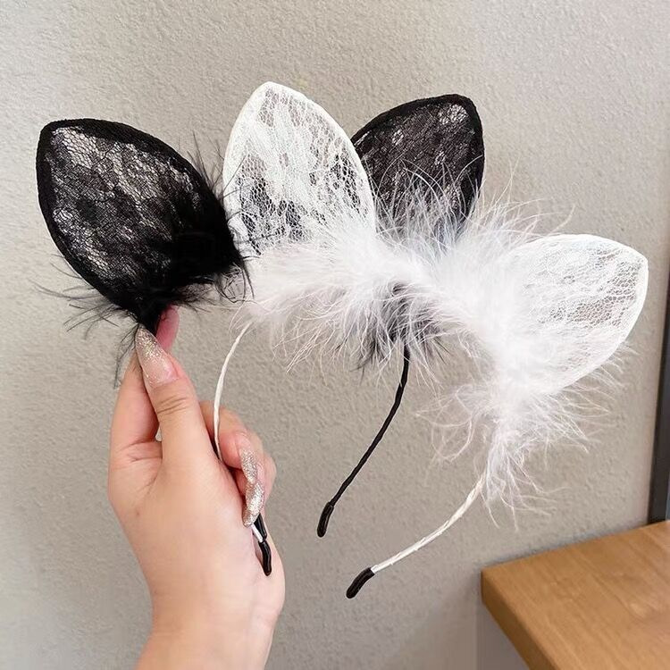 Cat Ear Lace Headband for Women, Wine Red, Cute Cosplay Hair Accessory — detail image 3