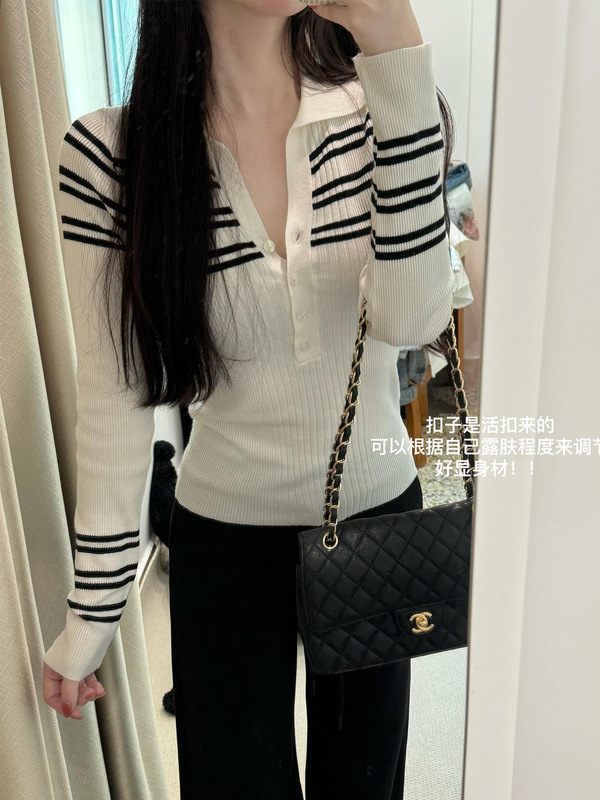 条纹半开V领套头长袖polo针织衫女春秋新款修身显瘦打底上衣内搭|undefined