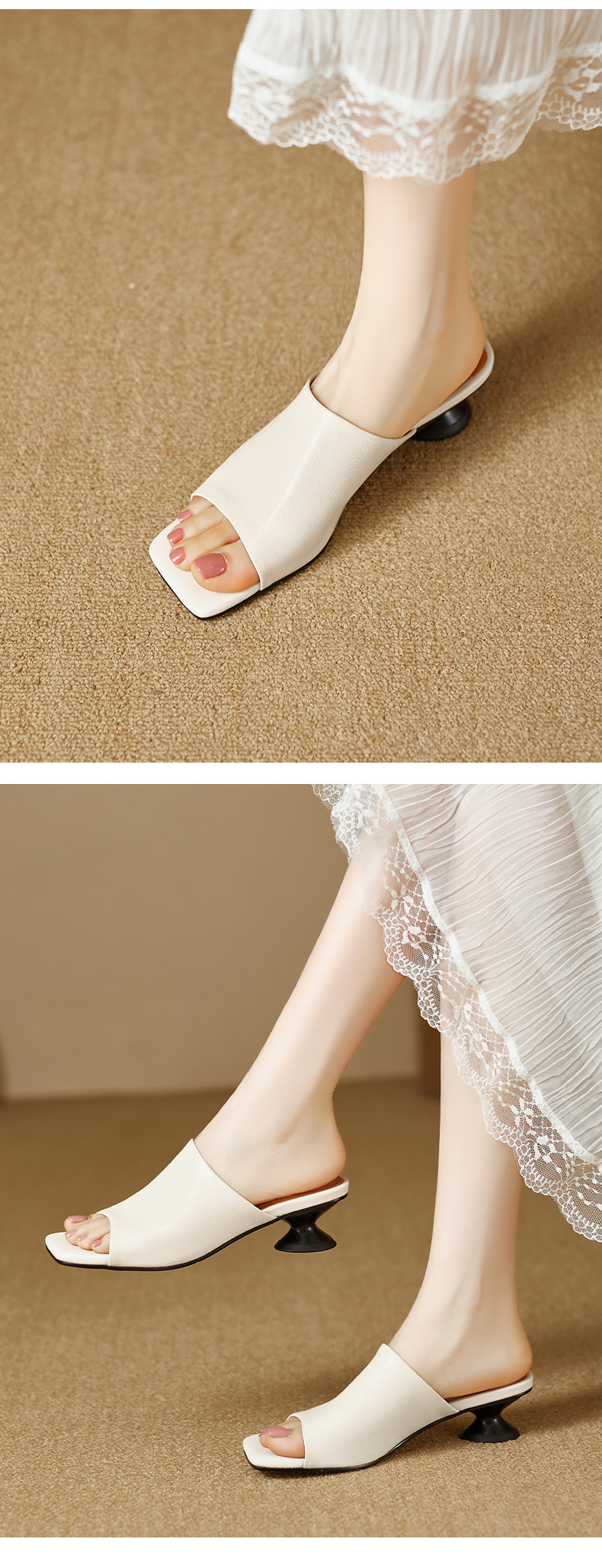 Sandal cao gót nữ da cừu mũi hở gót vuông 4 cm — đen chi tiết 9